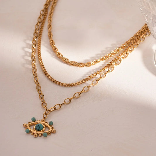 Layered Evil Eye Necklace: 18K Gold Plated