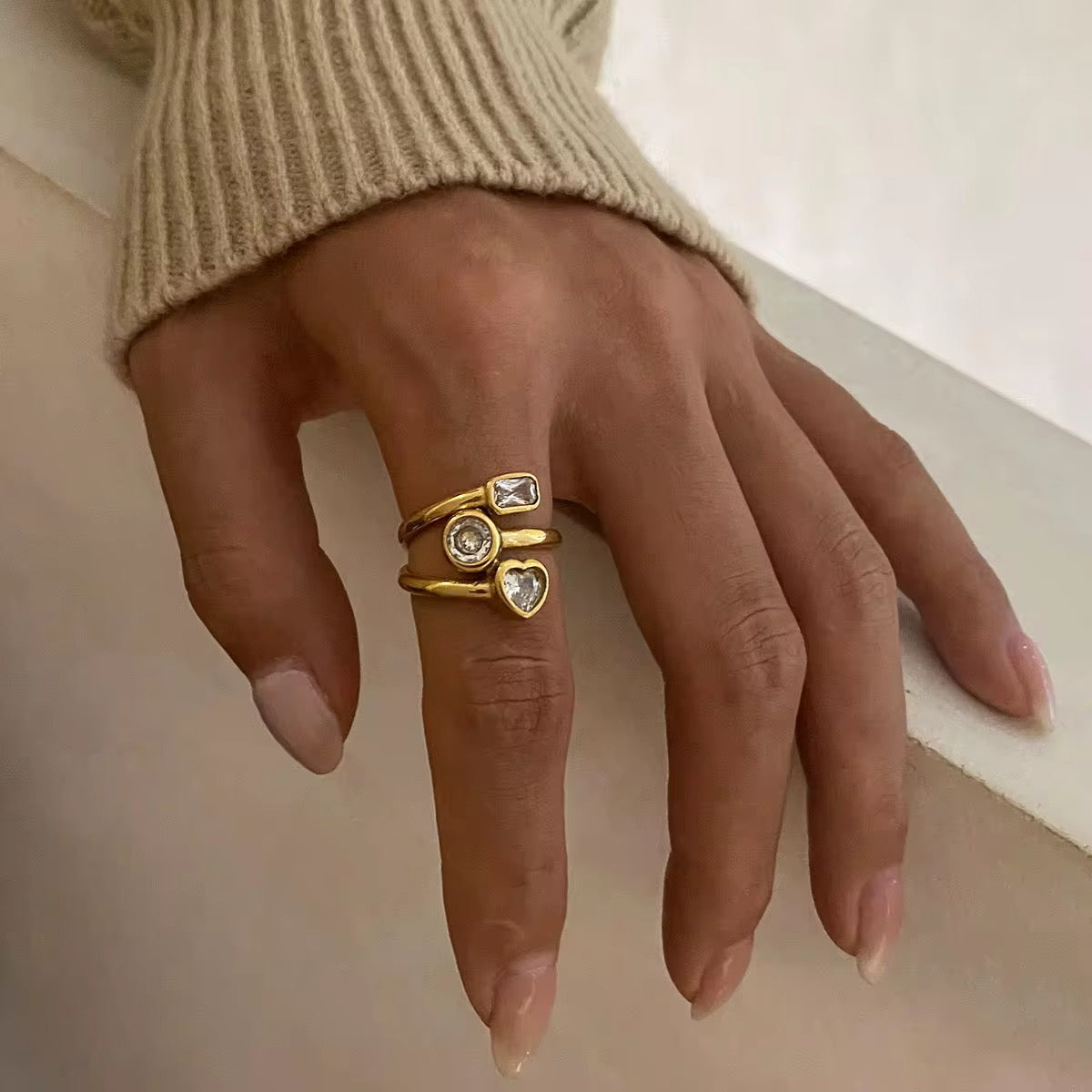 Three Layer Heart Open Ring: 18K Gold Plated