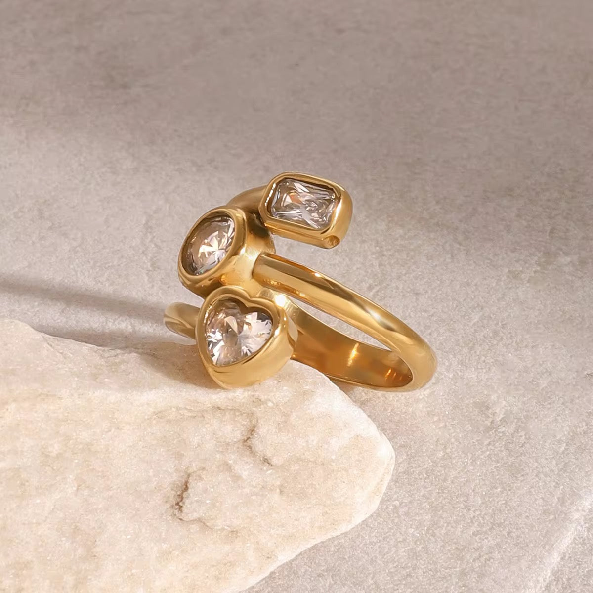 Three Layer Heart Open Ring: 18K Gold Plated