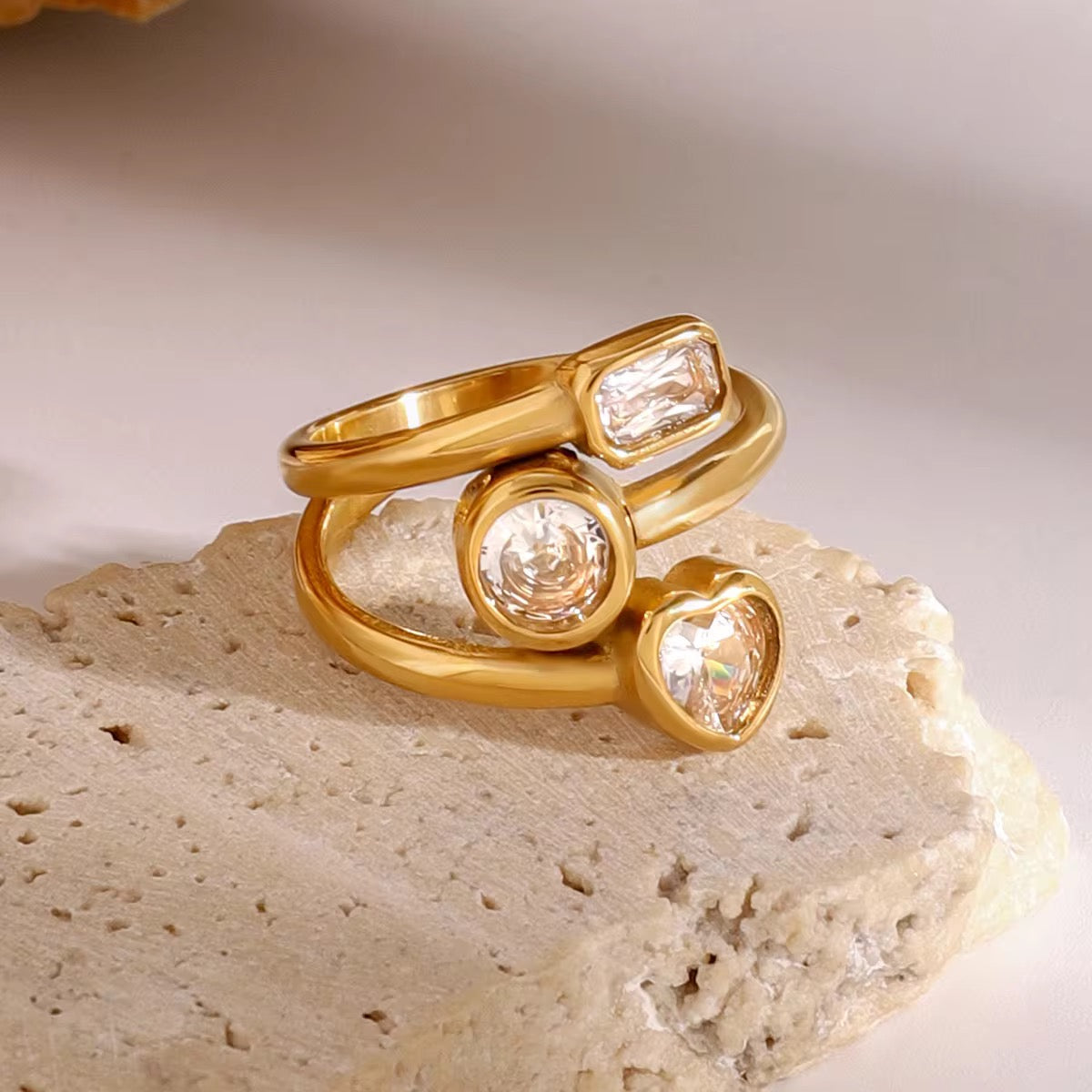 Three Layer Heart Open Ring: 18K Gold Plated
