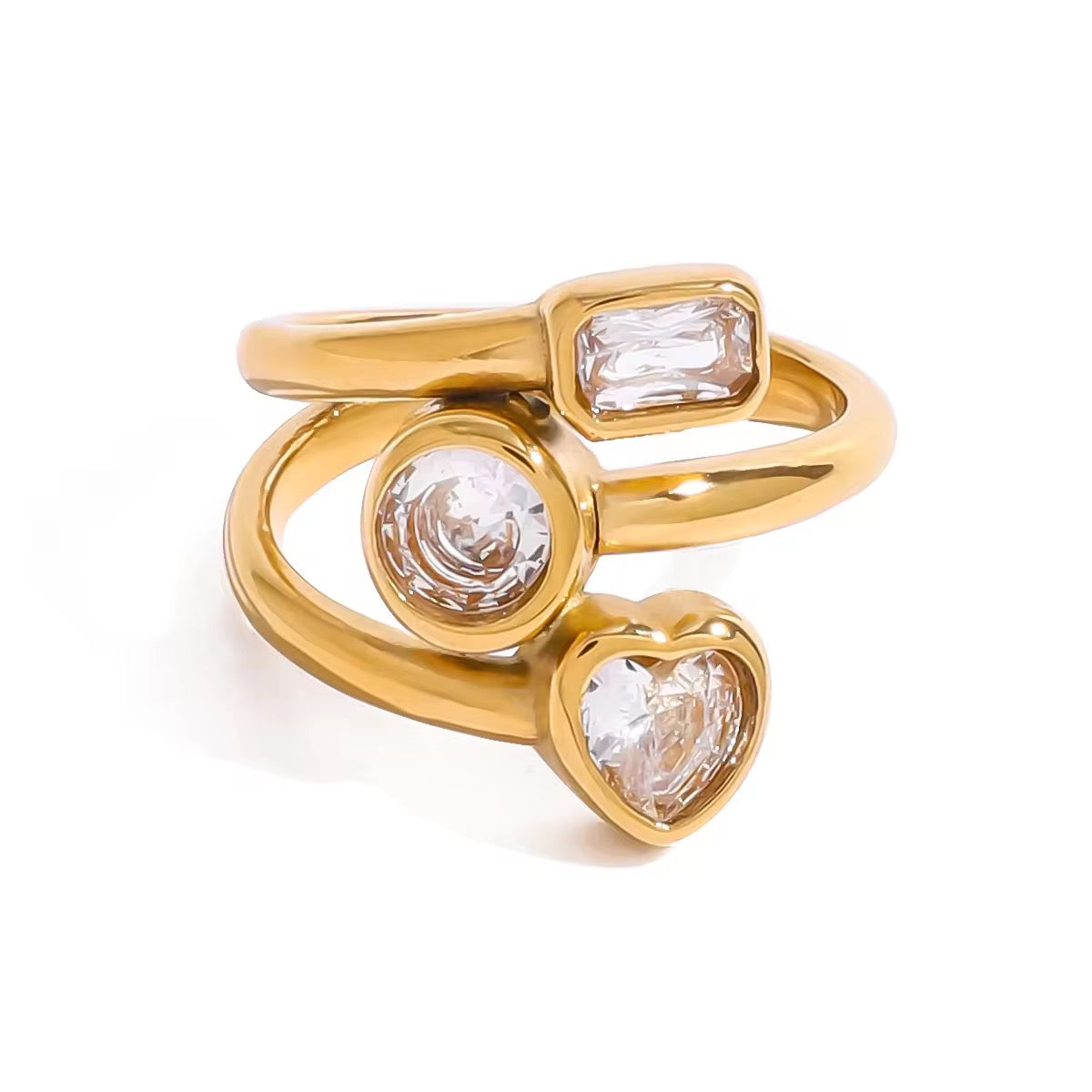 Three Layer Heart Open Ring: 18K Gold Plated