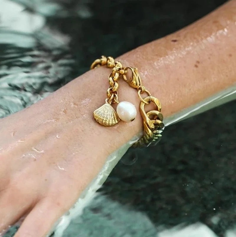 Freshwater Pearl Drop Chunky Chain Bracelet: 18K Gold Plated
