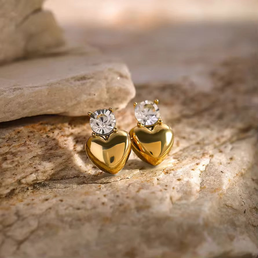 Sweet Heart Zirconia Stud Earrings: 18K Gold Plated