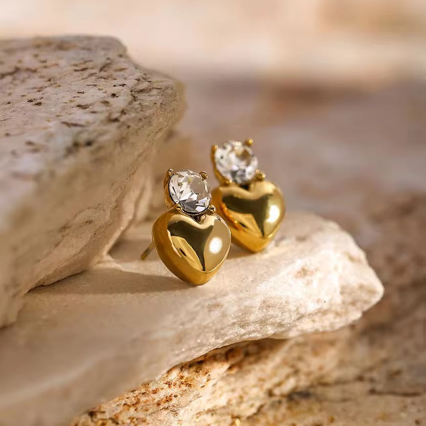 Sweet Heart Zirconia Stud Earrings: 18K Gold Plated