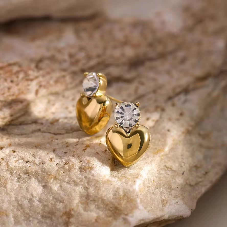 Sweet Heart Zirconia Stud Earrings: 18K Gold Plated