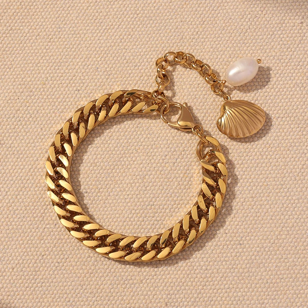Freshwater Pearl Drop Chunky Chain Bracelet: 18K Gold Plated