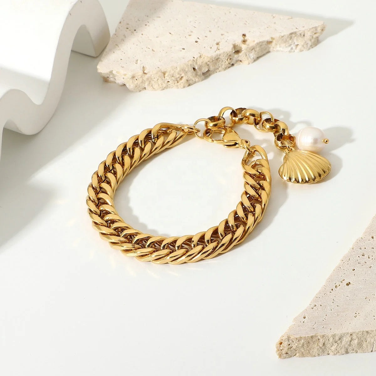 Freshwater Pearl Drop Chunky Chain Bracelet: 18K Gold Plated