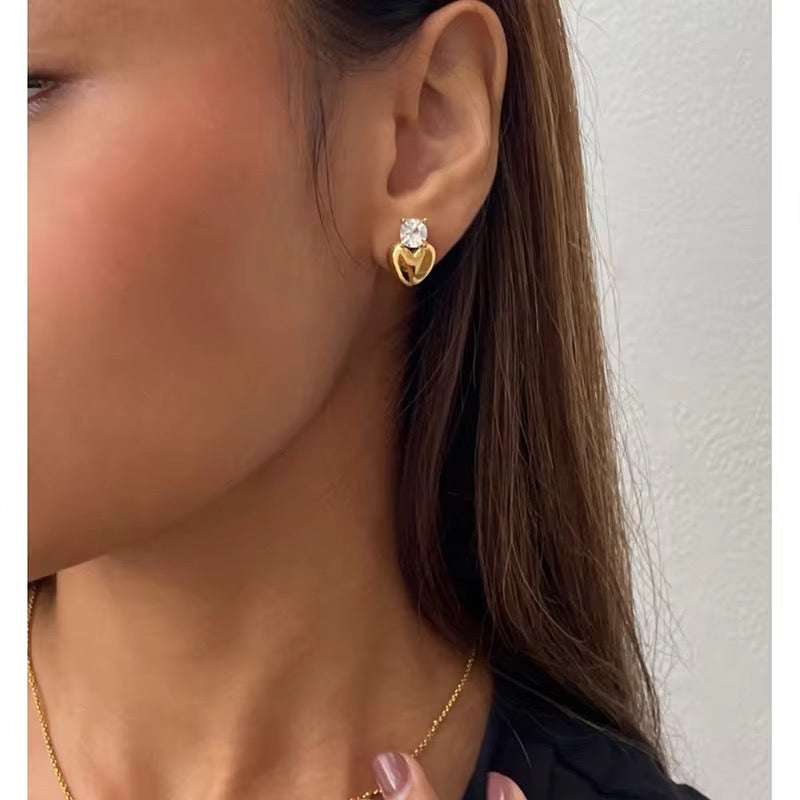 Sweet Heart Zirconia Stud Earrings: 18K Gold Plated