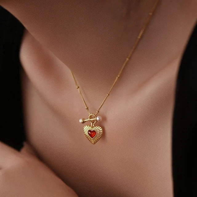 Red Agate Heart Pendant Necklace: 18K Gold Plated