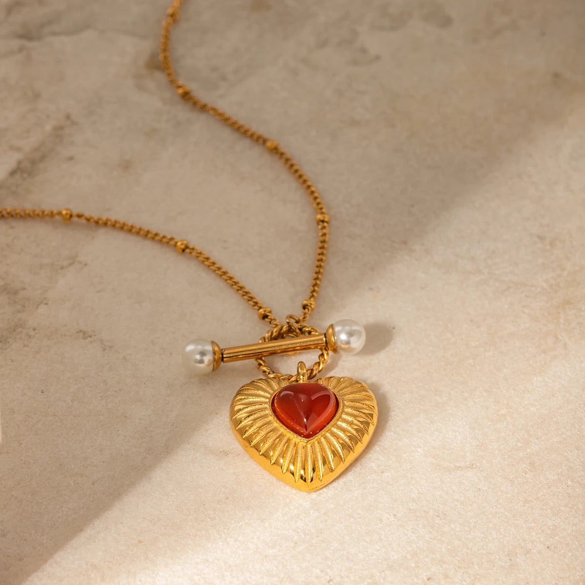 Red Agate Heart Pendant Necklace: 18K Gold Plated