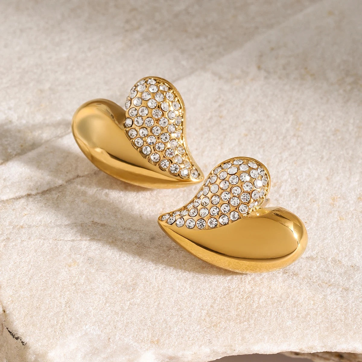 Luxe Heart Zirconia Stud Earrings: 18K Gold Plated