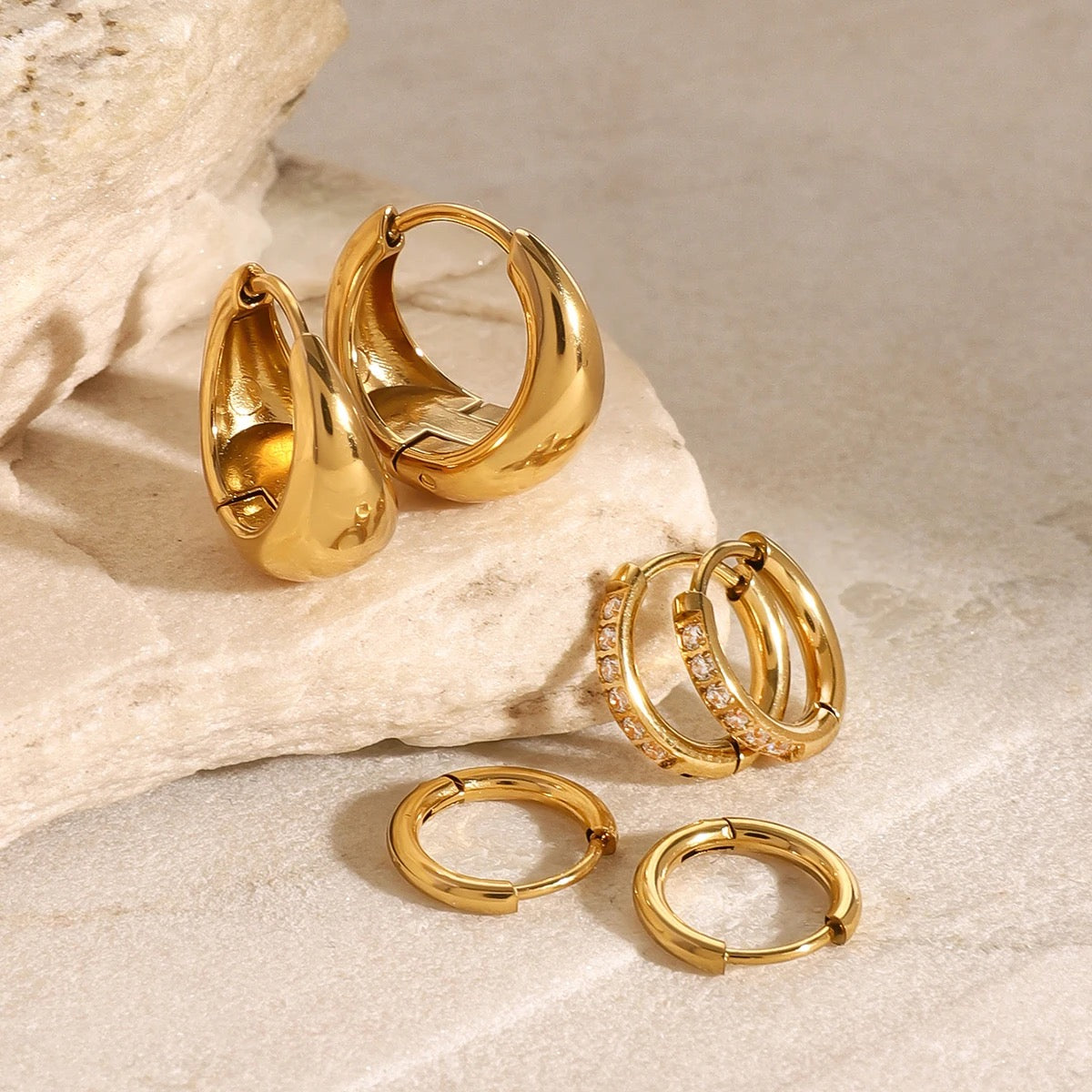 Set of 3 Classic Hoop Earrings: 18K Gold Plated