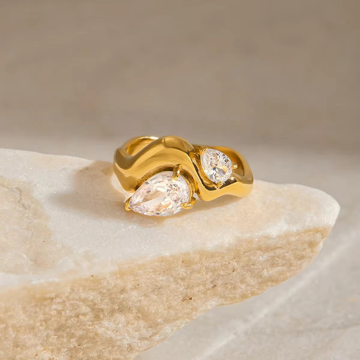 Twin Dewdrop Ring: 18K Gold Plated