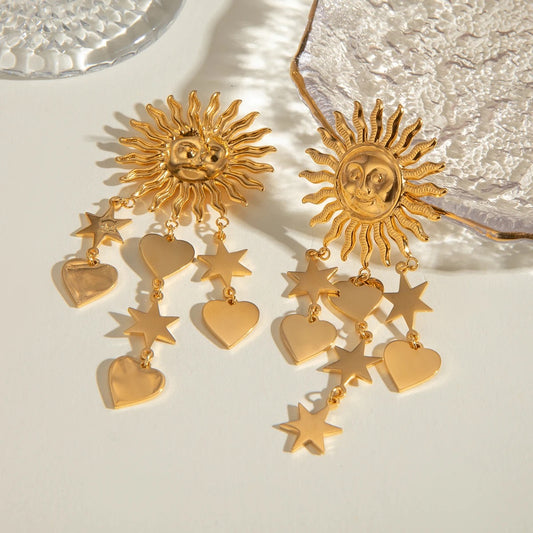 Sun and Star Statement Earrings: 18K Gold Plated