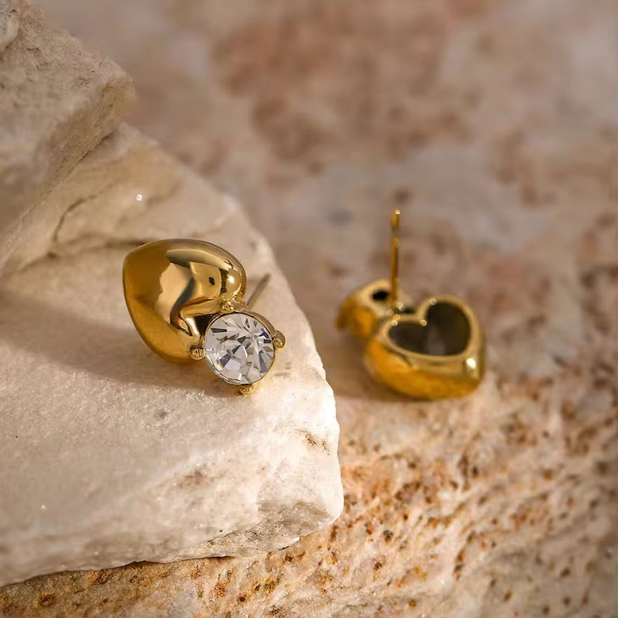 Sweet Heart Zirconia Stud Earrings: 18K Gold Plated