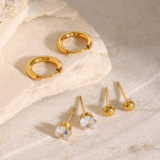 Set of 3 Stud and Hoop Earrings: 18K Gold Plated