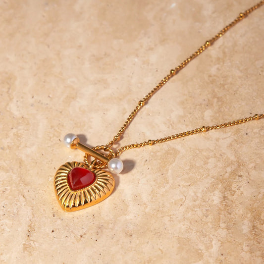 Red Agate Heart Pendant Necklace: 18K Gold Plated