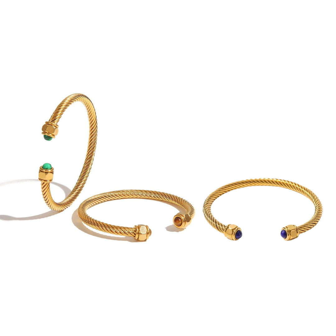 Natural Stone Twist Pave Bracelet: 18K Gold Plated