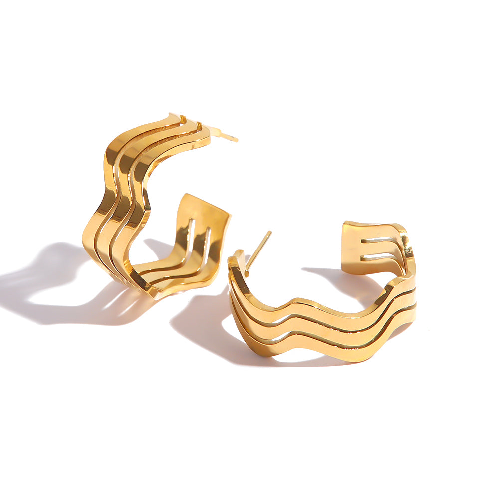 Water Wave Hoop Earrings: 18K Gold Plated