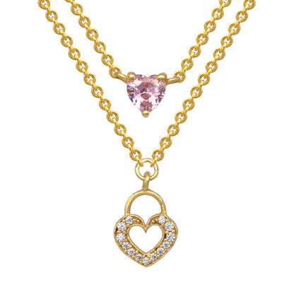 Zirconia Heart Double Layer Necklace: 18K Gold Plated