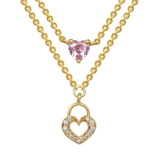 Zirconia Heart Double Layer Necklace: 18K Gold Plated