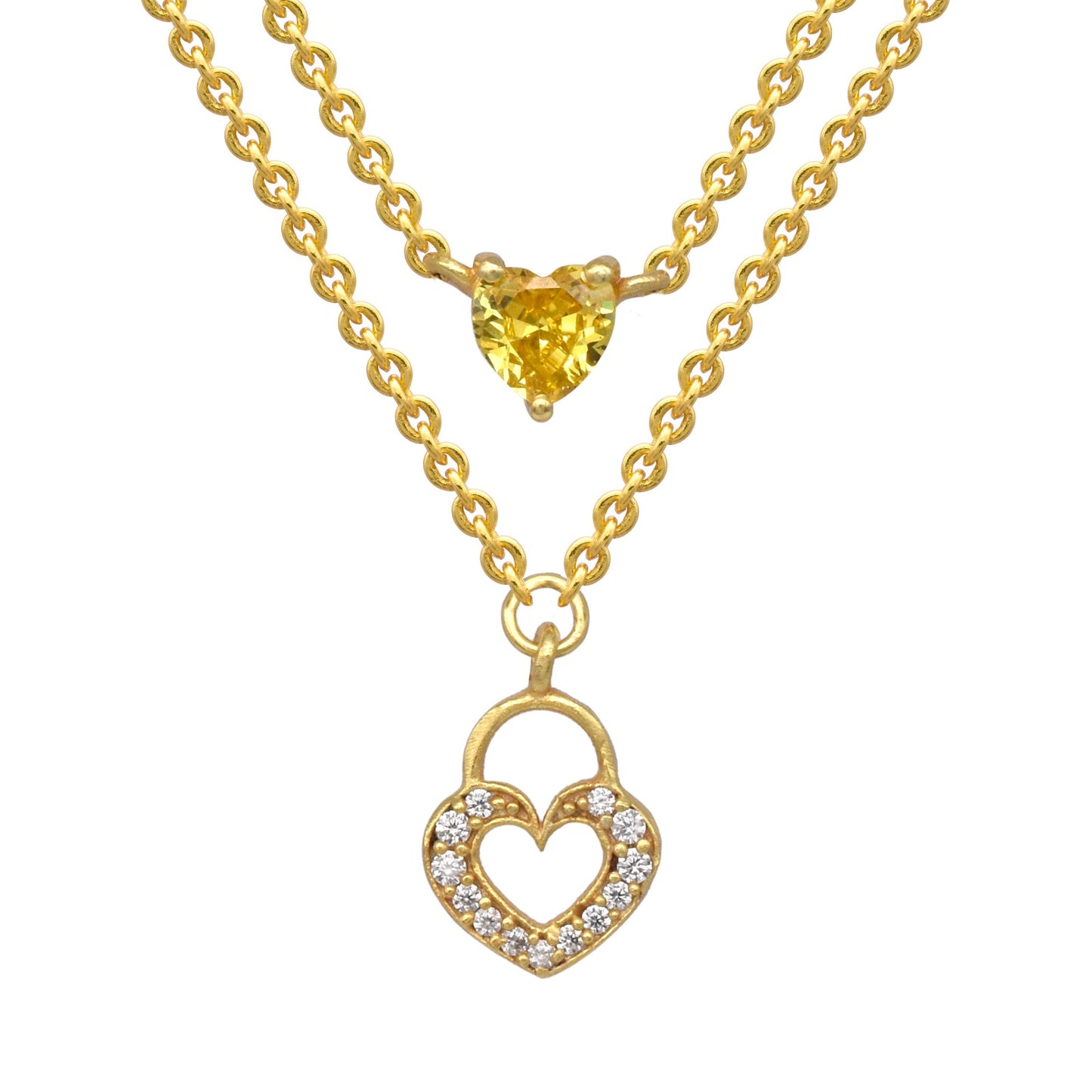 Zirconia Heart Double Layer Necklace: 18K Gold Plated