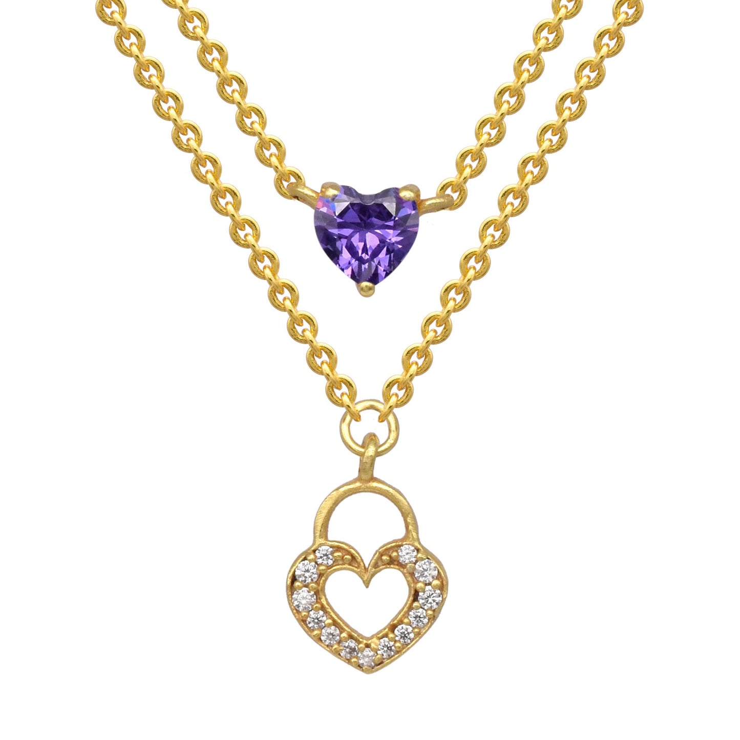 Zirconia Heart Double Layer Necklace: 18K Gold Plated