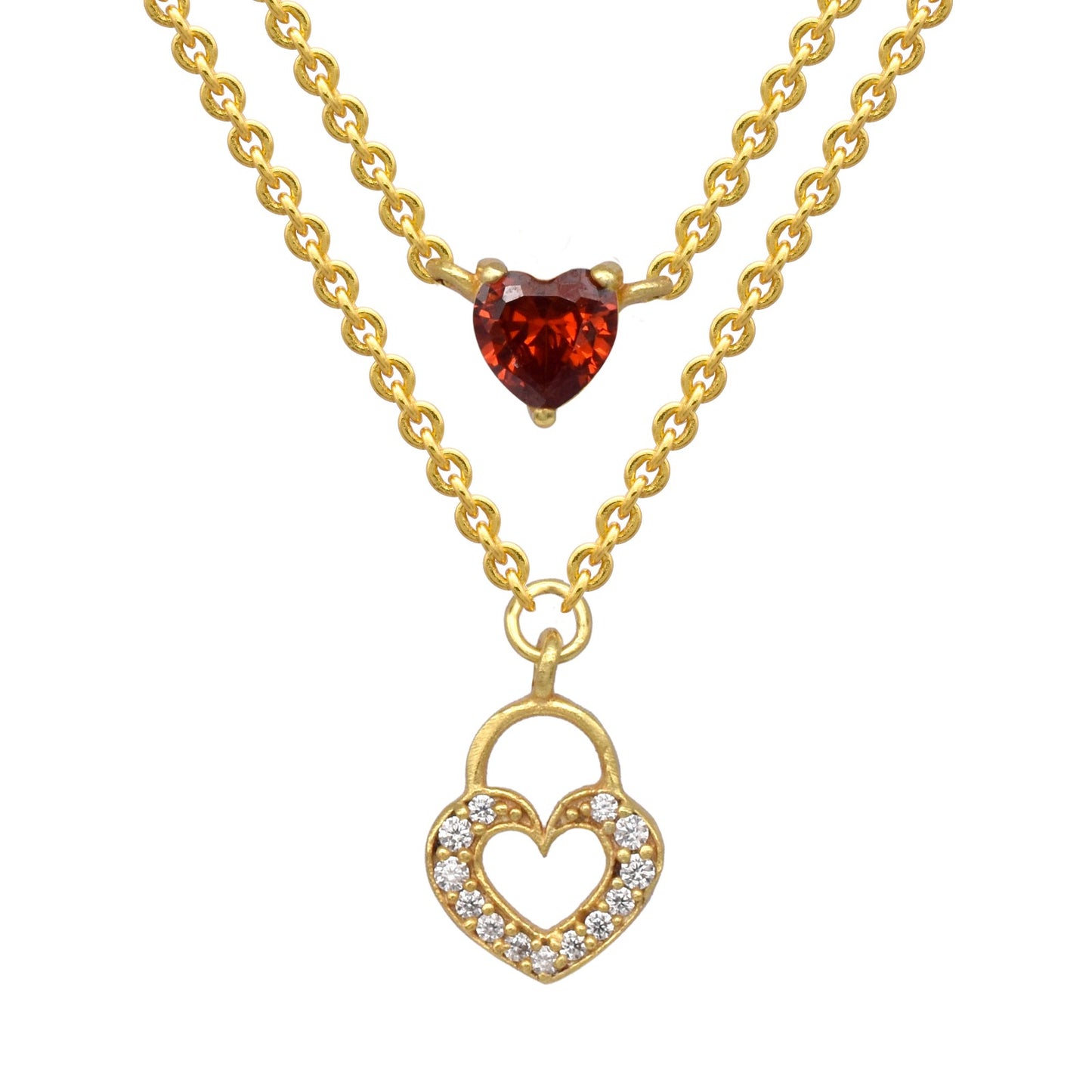 Zirconia Heart Double Layer Necklace: 18K Gold Plated