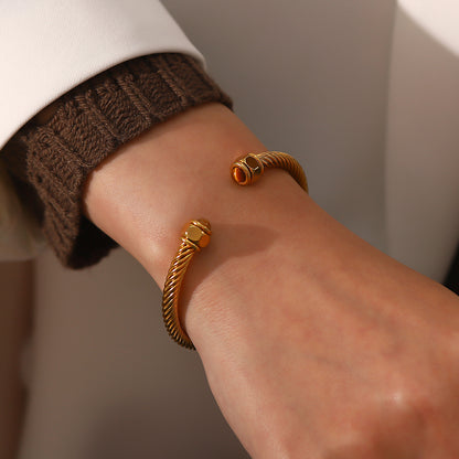 Natural Stone Twist Pave Bracelet: 18K Gold Plated