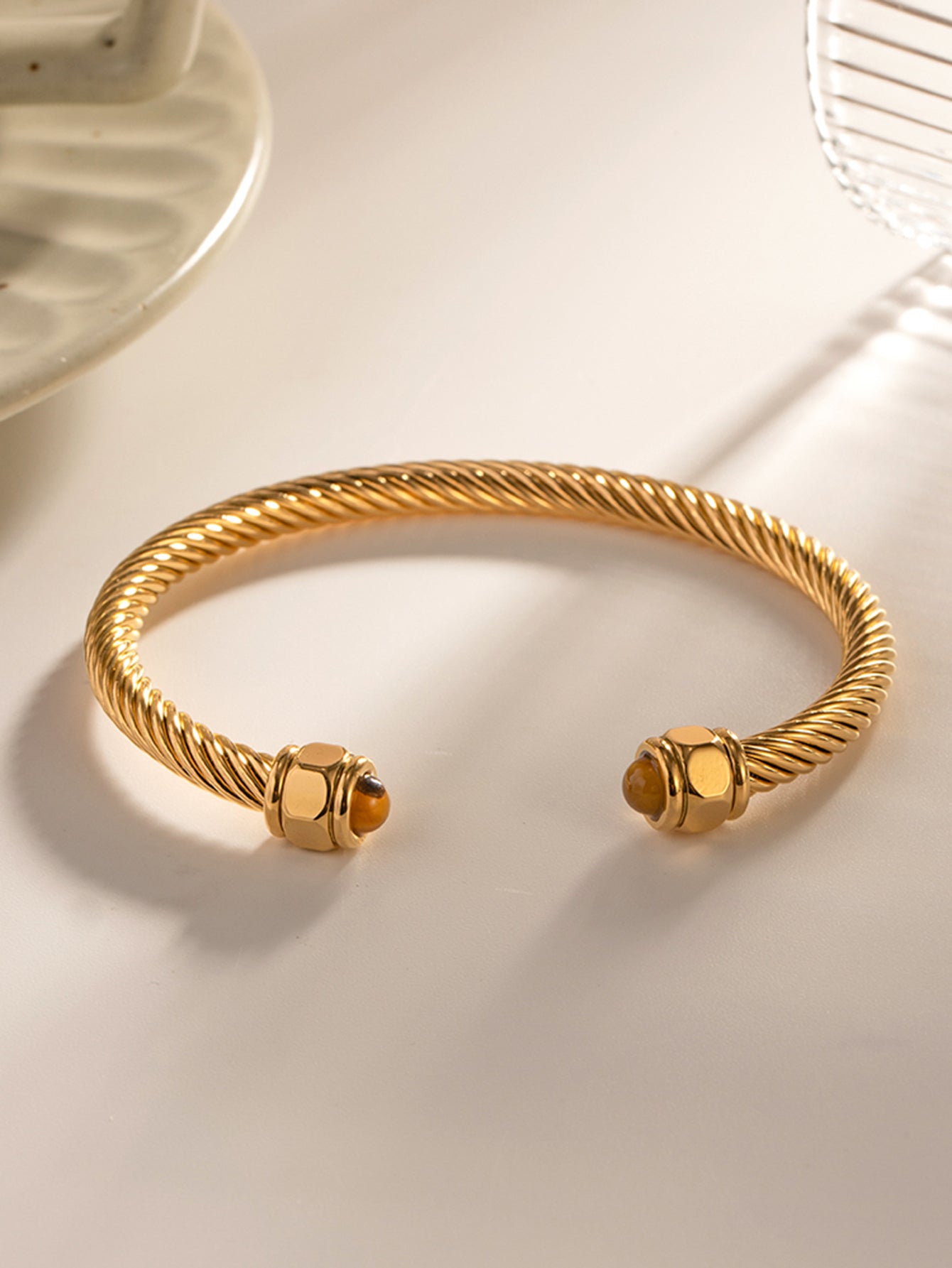 Natural Stone Twist Pave Bracelet: 18K Gold Plated